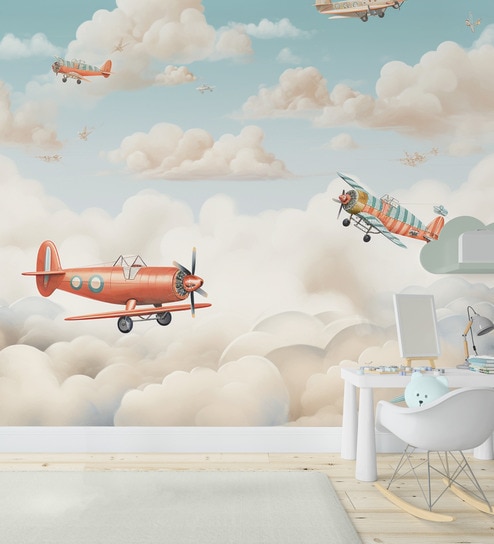 Crimson Biplane Clouds Vinyl Decorative Self Adhesive Wallpaper (3 ft X 3 ft)