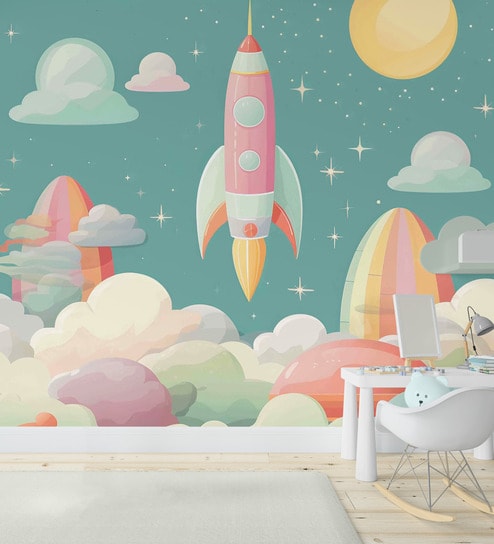 Cartoon Rocket Launch Vinyl Decorative Self Adhesive Wallpaper (3 ft X 3 ft)