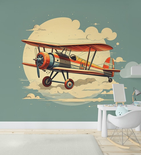 Retro Red Biplane Vinyl Decorative Self Adhesive Wallpaper (3 ft X 3 ft)