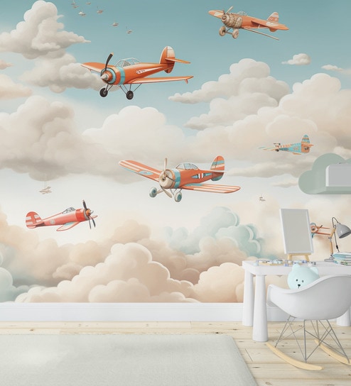 Red Biplane Sky Vinyl Decorative Self Adhesive Wallpaper (3 ft X 3 ft)