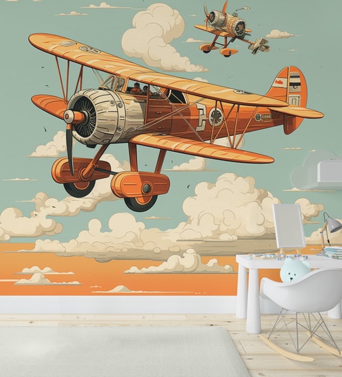 Amber Aeroplane Journey Vinyl Decorative Self Adhesive Wallpaper (3 ft X 3 ft)