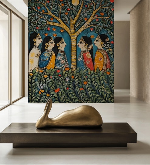 Folk Village Tree Art Vinyl Decorative Self Adhesive Wallpaper (3 ft X 3 ft)
