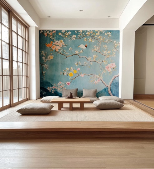 Cherry Blossom Blue Vinyl Decorative Self Adhesive Wallpaper (3 ft X 3 ft)
