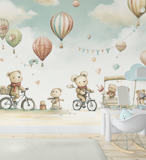 Teddy Bear Bicycle Ride Vinyl Decorative Self Adhesive Wallpaper (3 ft X 3 ft)