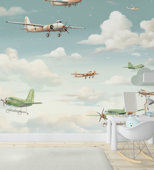 Olive Airplane Squadron Vinyl Decorative Self Adhesive Wallpaper (3 ft X 3 ft)