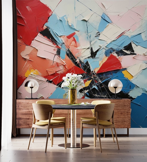 Cubist Red Blue Abstract Vinyl Decorative Self Adhesive Wallpaper (3 ft X 3 ft)