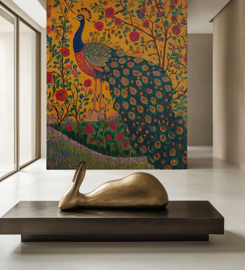 Peacock Folk Art Vinyl Decorative Self Adhesive Wallpaper (3 ft X 3 ft)
