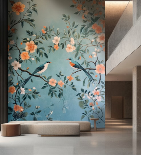 Blue Blossom Bird Branch Vinyl Decorative Self Adhesive Wallpaper (3 ft X 3 ft)
