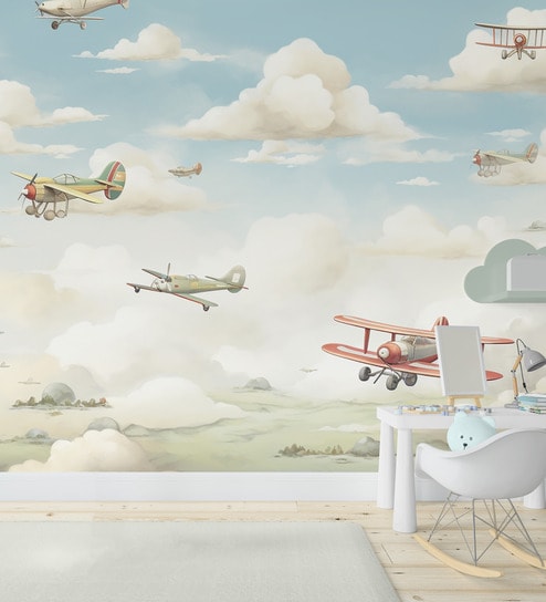 Vintage Aeroplane Clouds Vinyl Decorative Self Adhesive Wallpaper (3 ft X 3 ft)