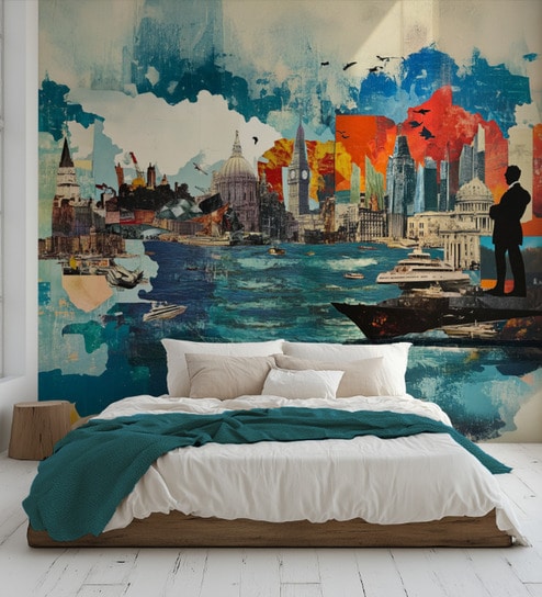 Coastal City Watercolor Vinyl Decorative Self Adhesive Wallpaper (3 ft X 3 ft)