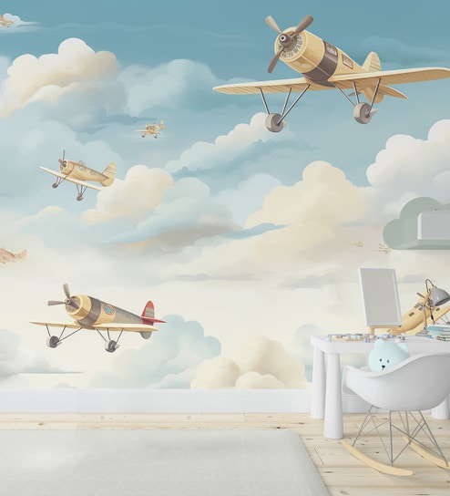 Solo Aeroplane Cloudscape Vinyl Decorative Self Adhesive Wallpaper (3 ft X 3 ft)