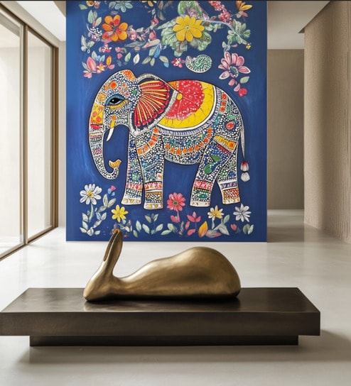 Blue Folk Elephant Vinyl Decorative Self Adhesive Wallpaper (3 ft X 3 ft)