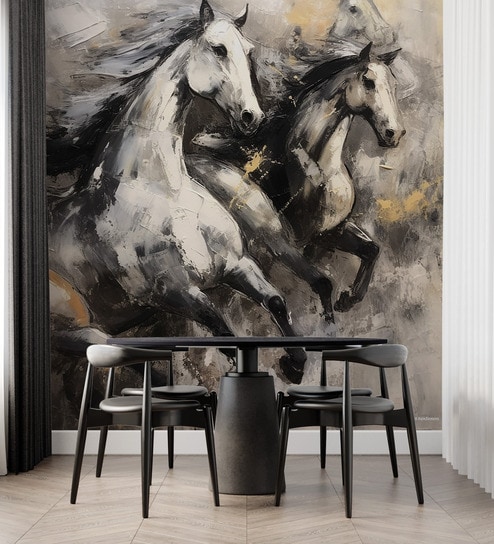 Galloping Stallions Duo Vinyl Decorative Self Adhesive Wallpaper (3 ft X 3 ft)