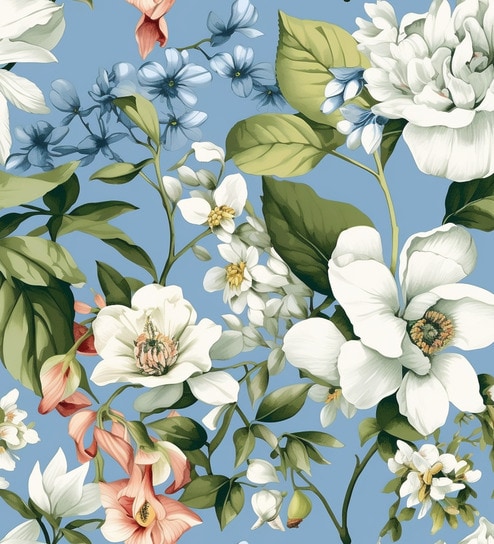 White Blossom Blue Sky Vinyl Floral Self Adhesive Wallpaper (3 ft X 3 ft)