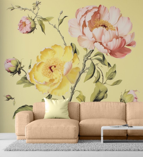 Golden Peony Blossom Vinyl Floral Self Adhesive Wallpaper (3 ft X 3 ft)