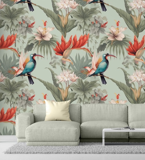 Tropical Bird Floral Vinyl Floral Self Adhesive Wallpaper (3 ft X 3 ft)