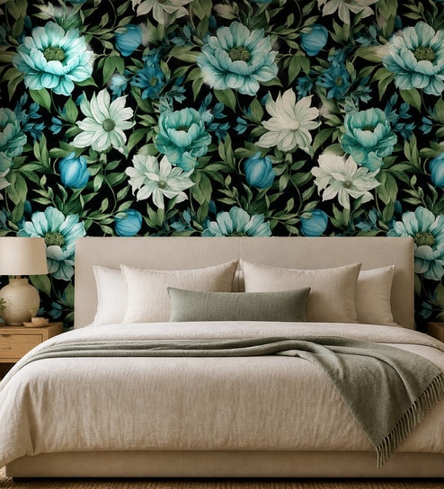 Teal Floral Bloom Vinyl Floral Self Adhesive Wallpaper (3 ft X 3 ft)