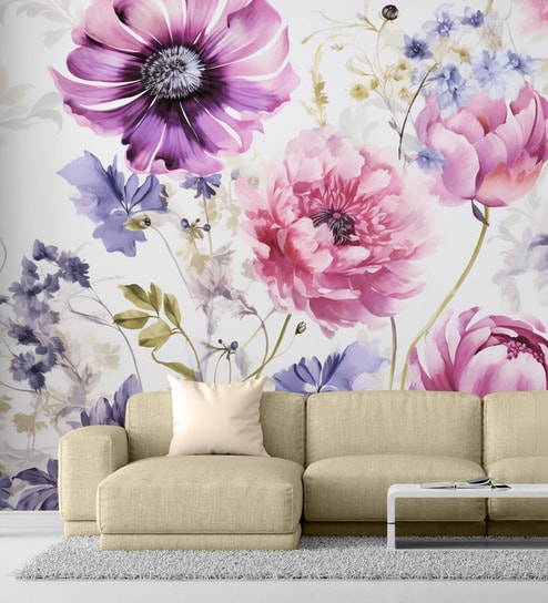 Violet Floral Watercolor Vinyl Floral Self Adhesive Wallpaper (3 ft X 3 ft)