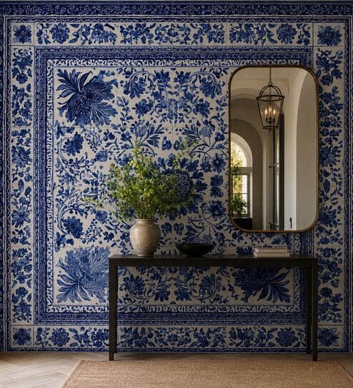 Blue Porcelain Motif Vinyl Floral Self Adhesive Wallpaper (3 ft X 3 ft)