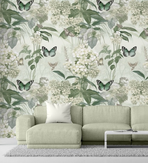 Butterfly Blossom Sage Vinyl Floral Self Adhesive Wallpaper (3 ft X 3 ft)