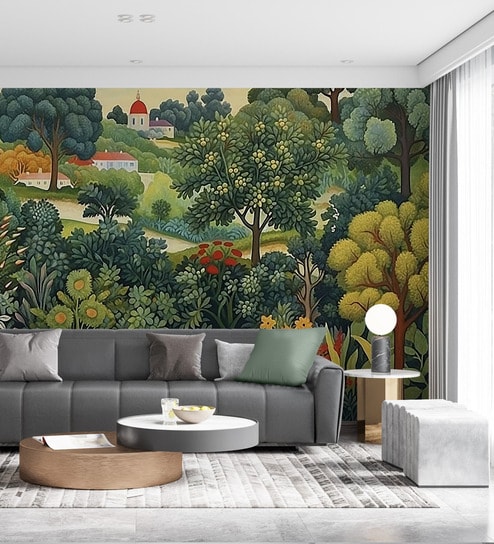 Red Roof Village Grove Vinyl Landscape Self Adhesive Wallpaper (3 ft X 3 ft)