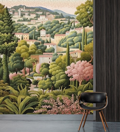 Pink Blossom Hillside Vinyl Landscape Self Adhesive Wallpaper (3 ft X 3 ft)