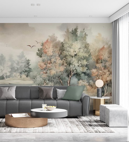 Pastel Tree Horizon Vinyl Landscape Self Adhesive Wallpaper (3 ft X 3 ft)
