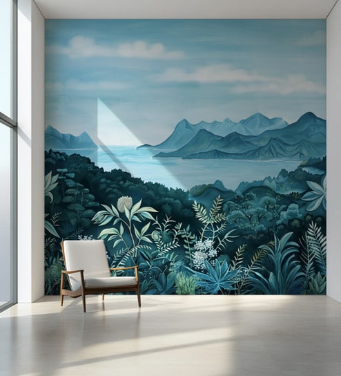 Blue Mountain Lake Vinyl Landscape Self Adhesive Wallpaper (3 ft X 3 ft)