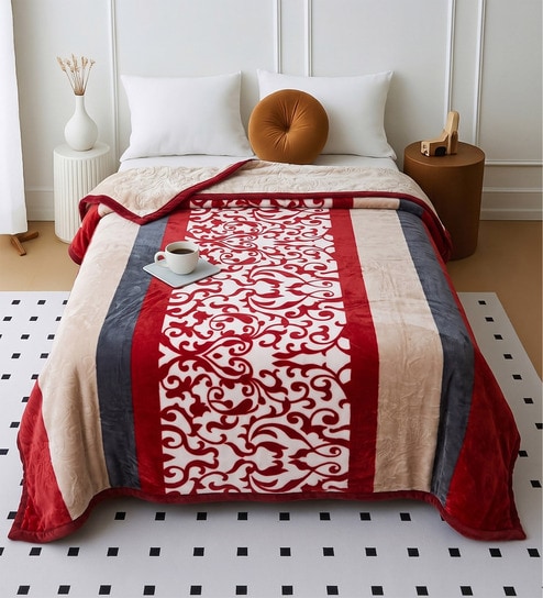 Red Wool Floral 350 GSM Premium Double bed blanket