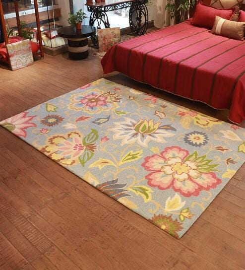 Multicolor Floral Wool 5 ft x 7 ft Hand Tufted Carpet by Zeba