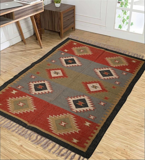 Multicolor Wool & Jute Geometric 108 x 72 Inches Hand Woven Dhurries