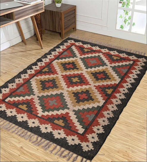Multicolor Wool & Jute Geometric 108 x 72 Inches Hand Woven Dhurries