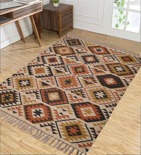 Multicolor Wool & Jute Geometric 108 x 72 Inches Hand Woven Dhurries