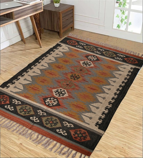 Multicolor Wool & Jute Abstract 108 x 72 Inches Hand Woven Dhurries