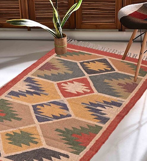 Multicolor Wool & Jute Abstract 108 x 72 Inches Hand Woven Dhurries