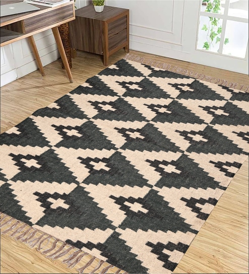 Black Wool & Jute Geometric 108 x 72 Inches Hand Woven Dhurries