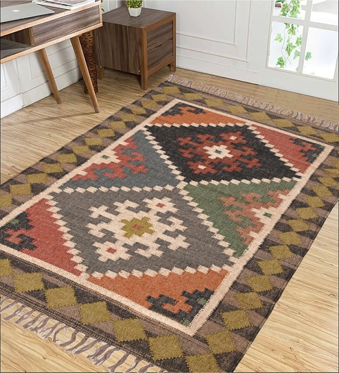 Multicolor Wool & Jute Traditional 108 x 72 Inches Hand Woven Dhurries