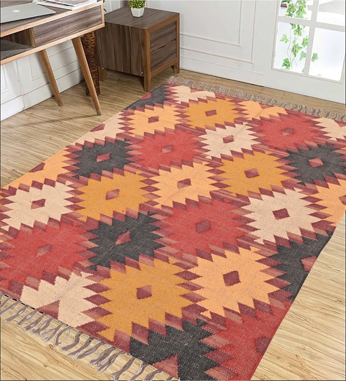 Multicolor Wool & Jute Abstract 108 x 72 Inches Hand Woven Dhurries