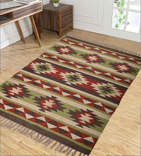 Multicolor Wool & Jute Geometric 72 x 48 Inches Hand Woven Dhurries