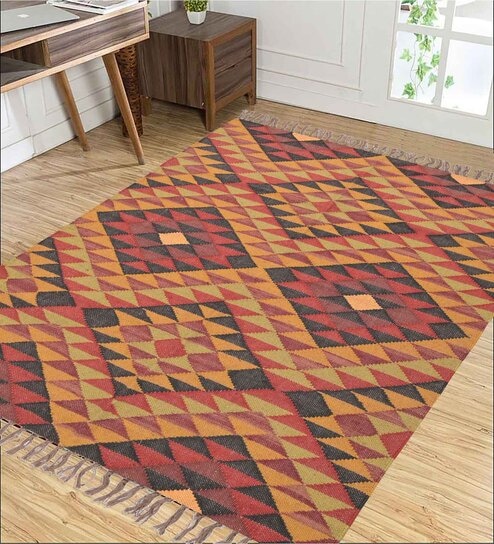 Multicolor Wool & Jute Geometric 72 x 48 Inches Hand Woven Dhurries