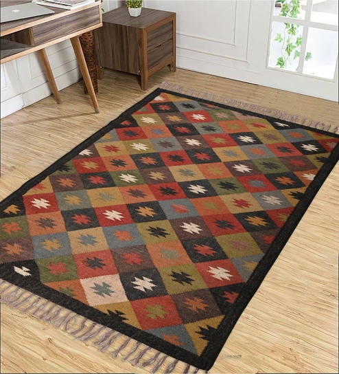 Multicolor Wool & Jute Geometric 96 x 60 Inches Hand Woven Dhurries
