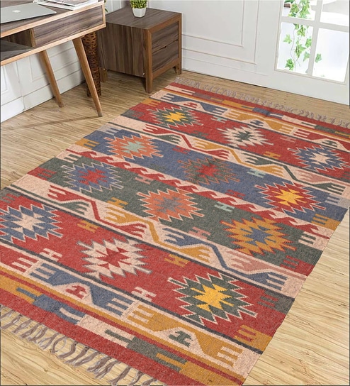 Multicolor Wool & Jute Abstract 96 x 60 Inches Hand Woven Dhurries