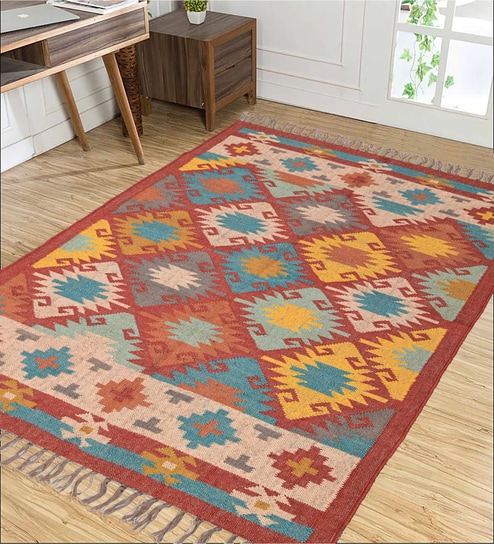 Multicolor Wool & Jute Abstract 96 x 60 Inches Hand Woven Dhurries