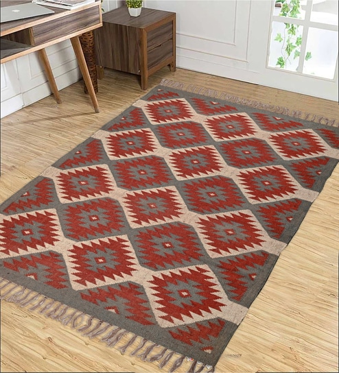 Maroon Wool & Jute Abstract 96 x 60 Inches Hand Woven Dhurries