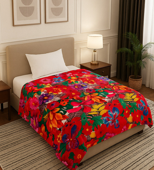 Red Woolen Floral 370 GSM Single Bed Blanket