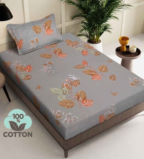 Grey Floral 400 TC Pure Cotton Fitted Single Bedsheet with Pillow Cover