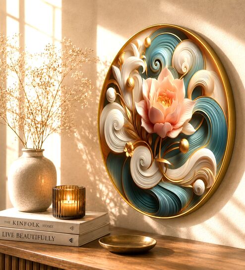 Multicolour & Gold Flower Round Wall Art 15 Inch