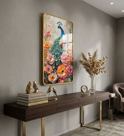 Multicolour & Gold Peacock Rectangular Wall Art 12 x 18 Inch