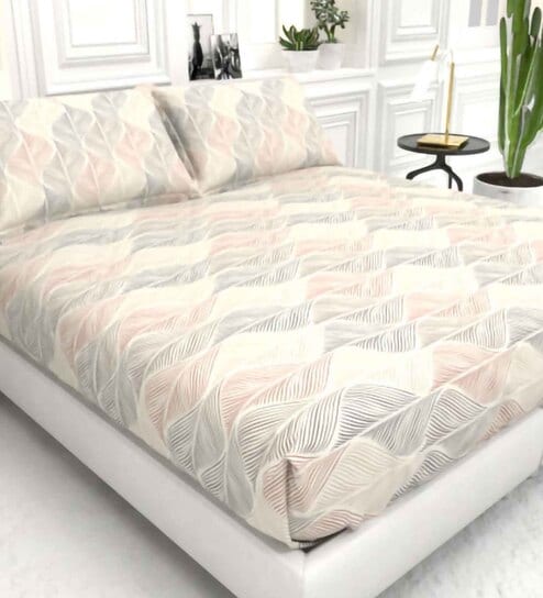 Cider Pastel Wave Blended Cotton King Size Bedsheet And 2 Pillow Covers