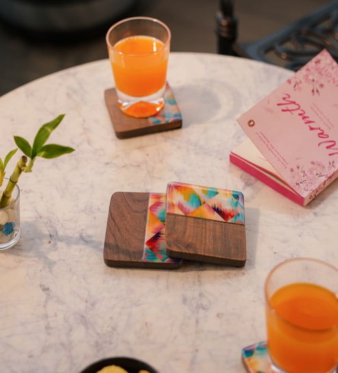 Multicolour Acacia Wood Abstract (Set of 4) Coasters